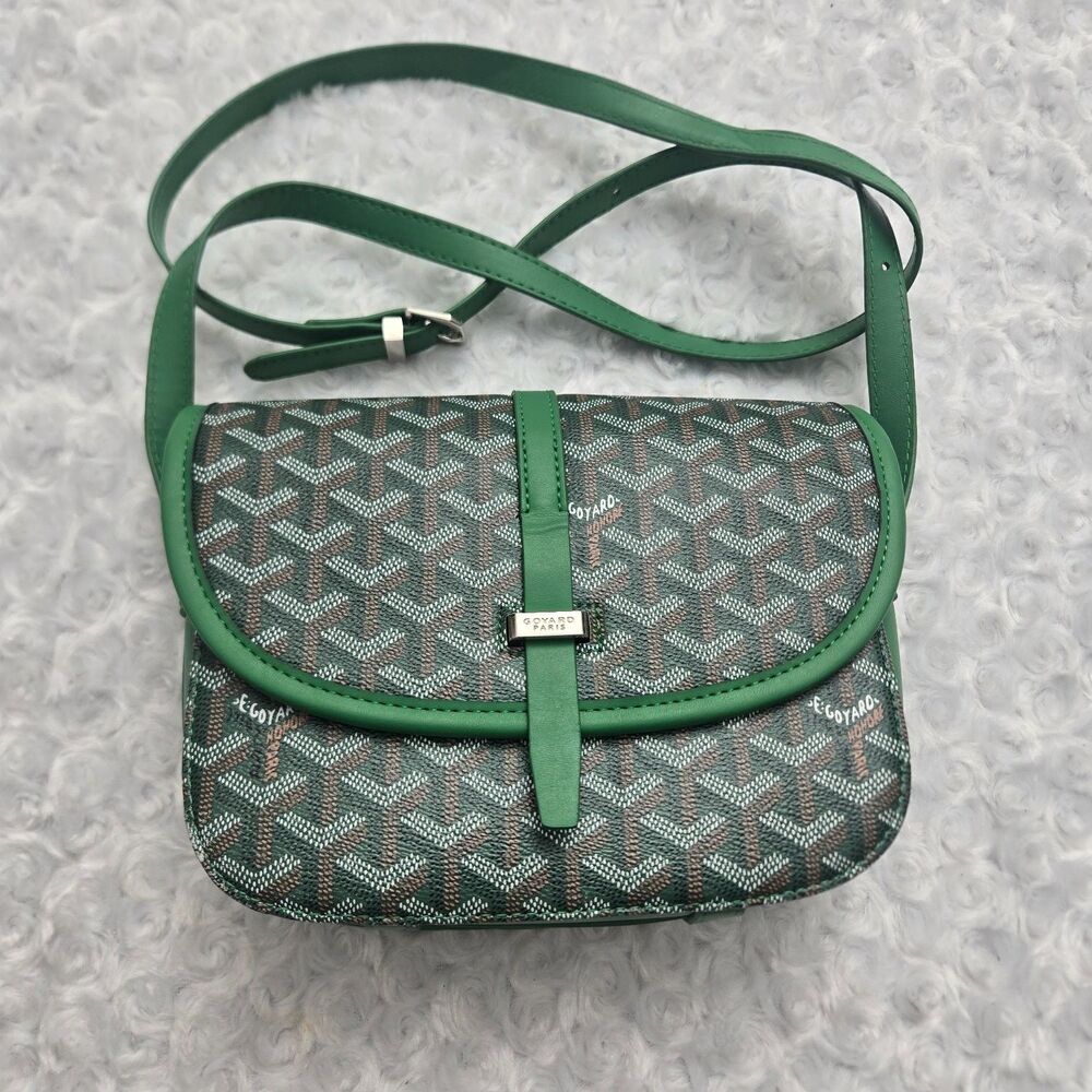 Goyard Belvedere PM Crossbody Bag Green Goyardine Leather Flap Womens